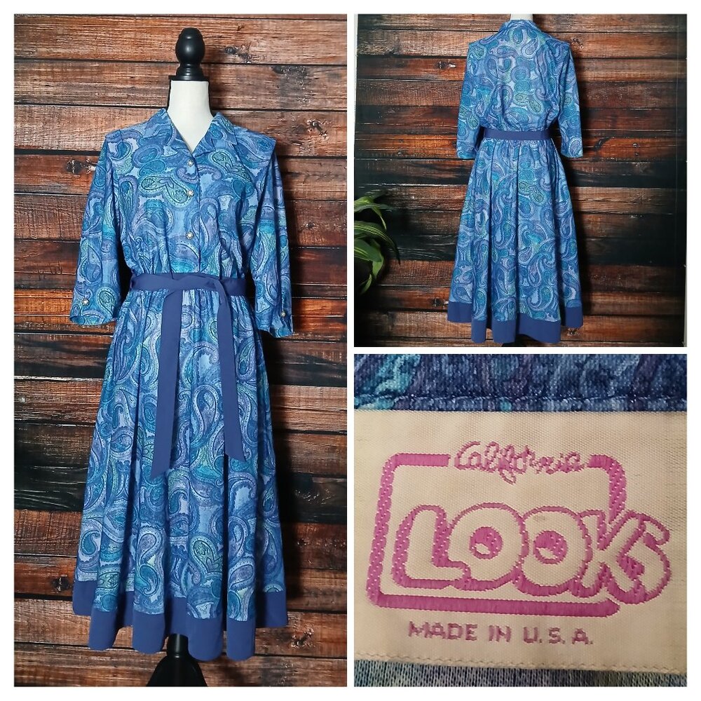 Vintage California Looks Midi Dress 16 Petite Belted Blue Paisley Retro USA Made